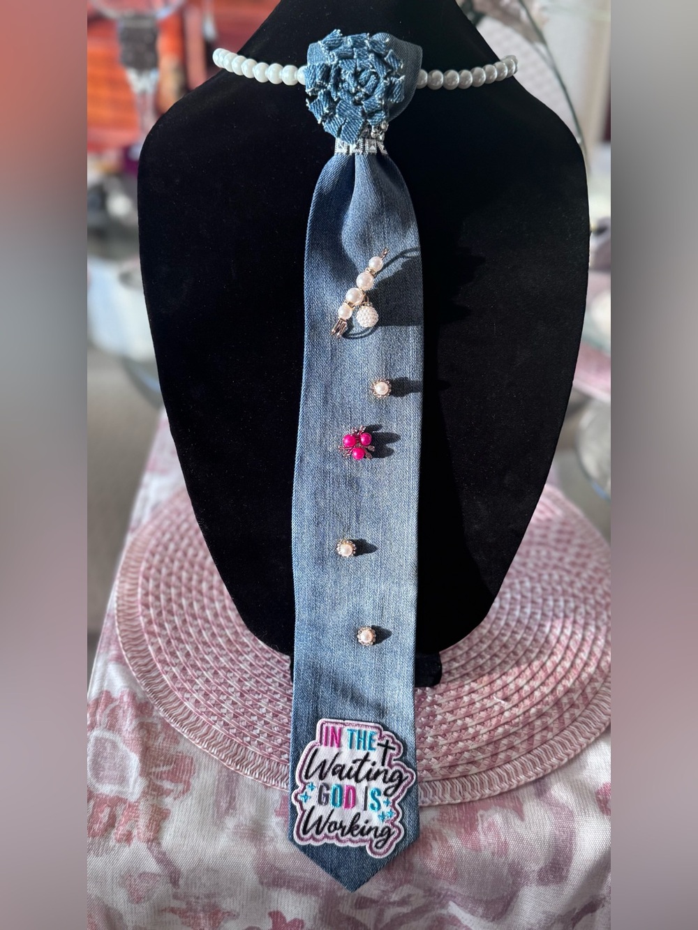 Faith-Inspired Denim Pearl Necktie Necklace